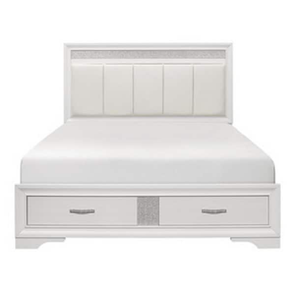 Ani White Wood Frame Queen Platform Bed with Tufted Headboard and 2-Drawer Low Footboard