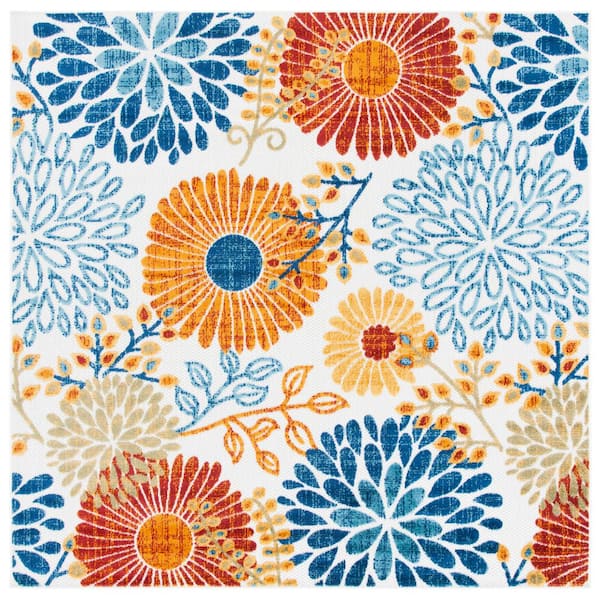 Cabana Cream/Red 4 ft. x 4 ft. Floral Leaf Indoor/Outdoor Patio  Square Area Rug