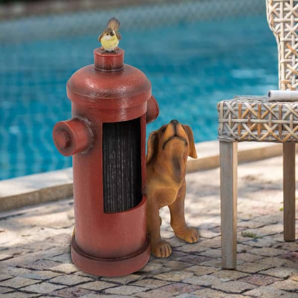 16 in. x 11 in. x 27 in. Red Fire Hydrant Waterfall Fountain with Dog and Bird Accents, Light for Outdoor