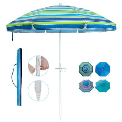 7 ft. Telescoping Steel Pole Beach Umbrella with Sand Anchor Push Button Tilt and Carry Bag in Green Stripe