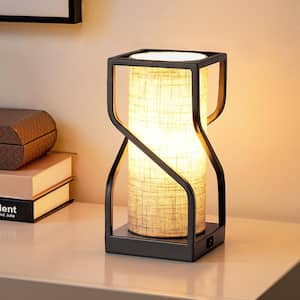 11.4 in. Black Dimmable Touch Control Metal Table Lamp with Fabric Beige Shade and USB Port