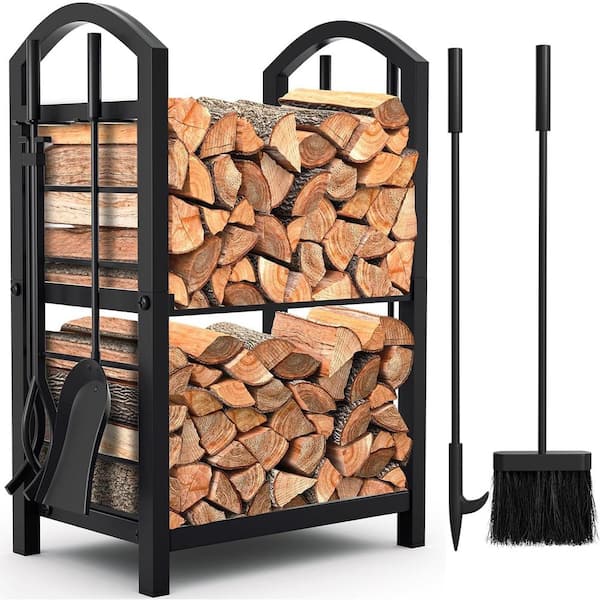 Unbranded Firewood Rack Wood Holders Fireplace Lumber Storage Stacking with Set Tong Accessories in Black