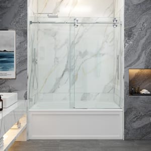 56-60.5 in. W x 60 in. H Single Sliding Frameless Smooth Sliding Tub Door in Brushed Nickel with 3/8 in. Clear Glass