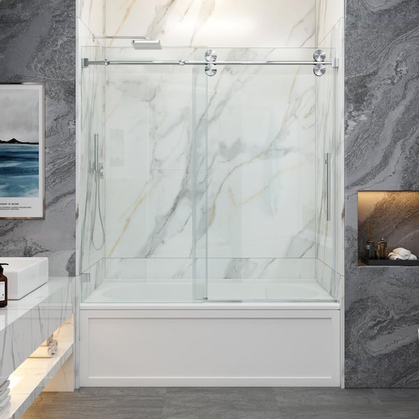 MCOCOD 60 in. W x 60 in. H Single Sliding Frameless Tub Door in Brushed Nickel with Smooth Sliding and 3/8 in. (10 mm) Glass
