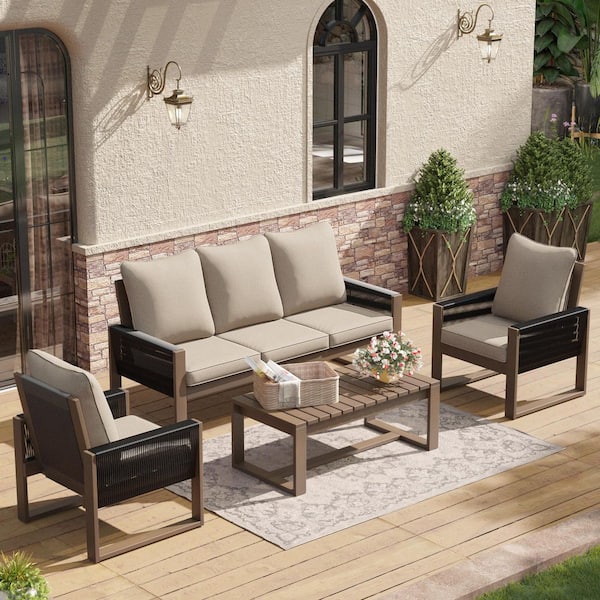 4-Piece Light Walnut Wood Wicker Outdoor Patio Conversation Seating Set with Beige Cushions