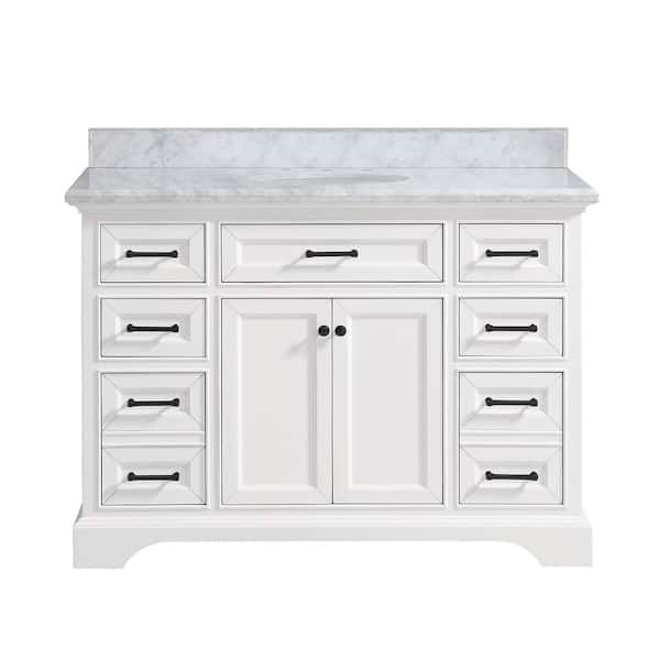 Windlowe 49 in. Single Sink White Bath Vanity with White Carrara Marble Top and Additional Black hardware