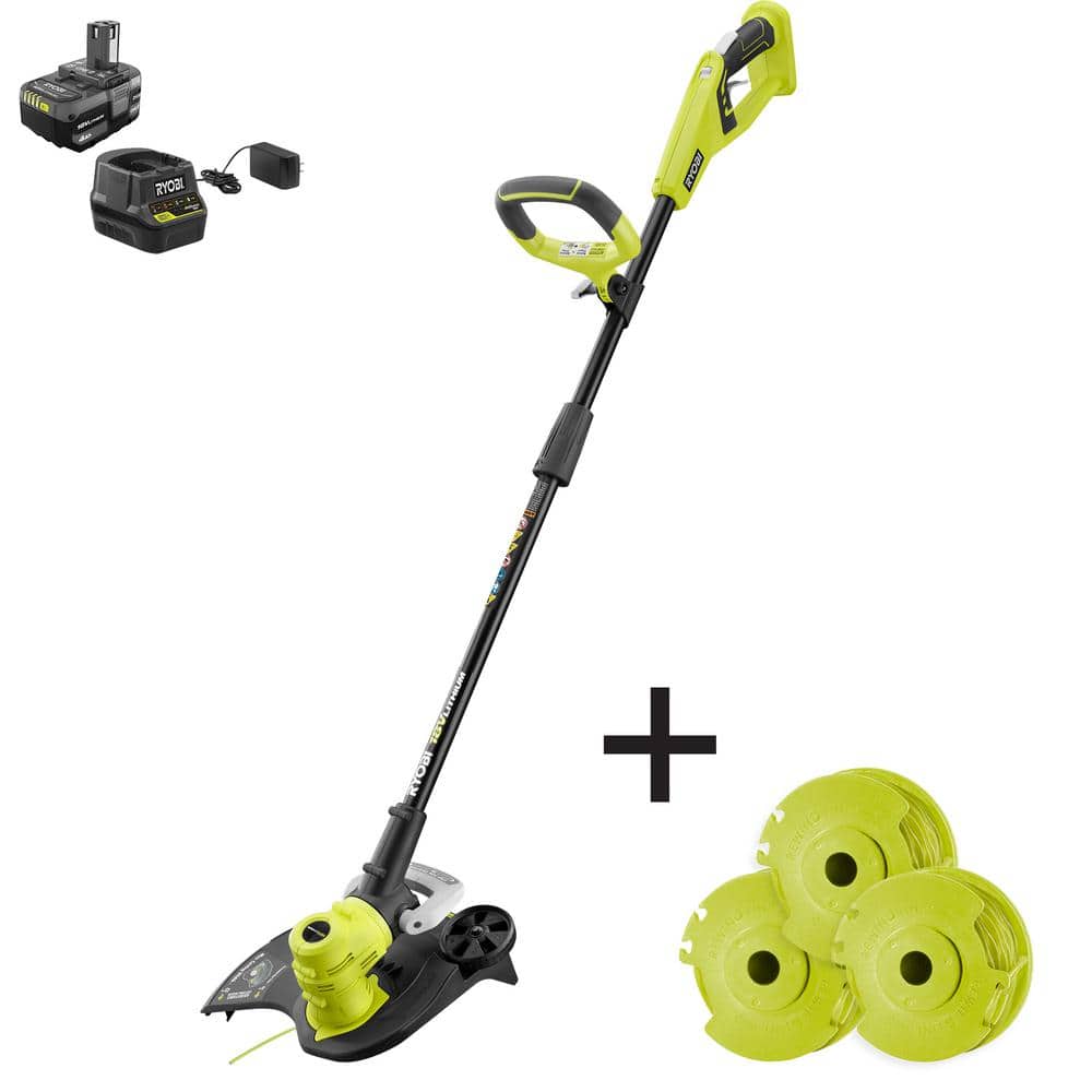 RYOBI ONE+ 18V 13 in. Cordless Battery String Trimmer/Edger with Extra 3- Pack of Spools, 4.0 Ah Battery and Charger P2080-AC The Home Depot