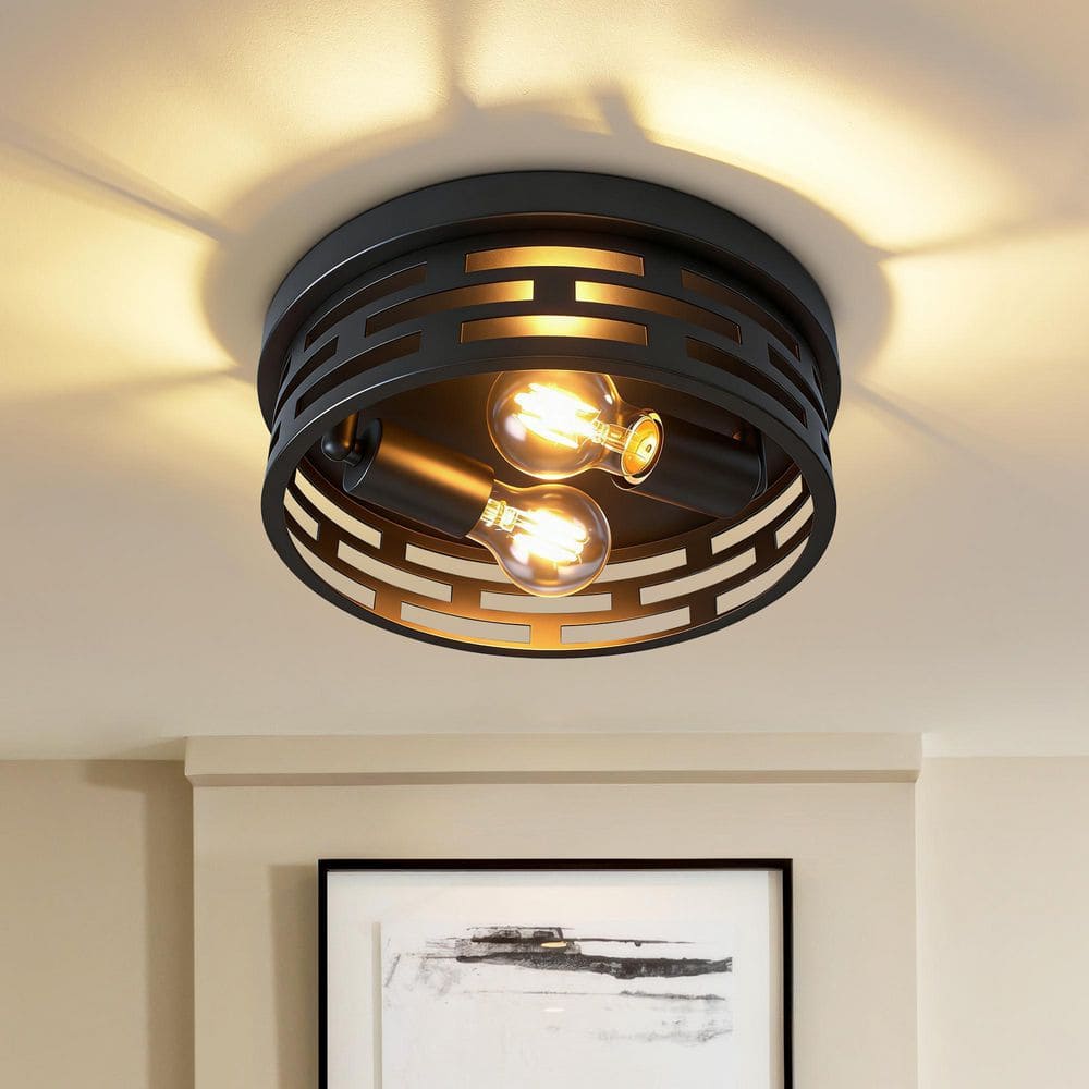 11 in. 2-Light Farmhouse Matte Black Parallel Cutout Cage Flush Mount Ceiling Light for Kitchen, Hallway (1-Pack) price history on PriceWatchPro