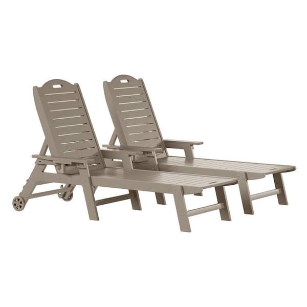 Brighton Outdoor Patio Weathered Wood Poly Plastic Set of 2 Reclining Chaise Lounge Cup Holder Pool Chairs w/ Wheels