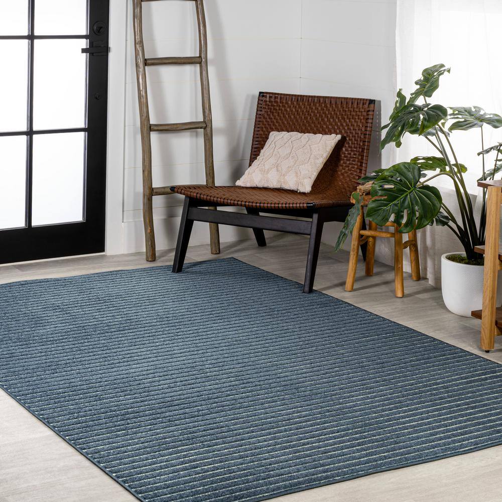 Ivory and Navy Striped Synthetic 4' x 6' Reversible Rug