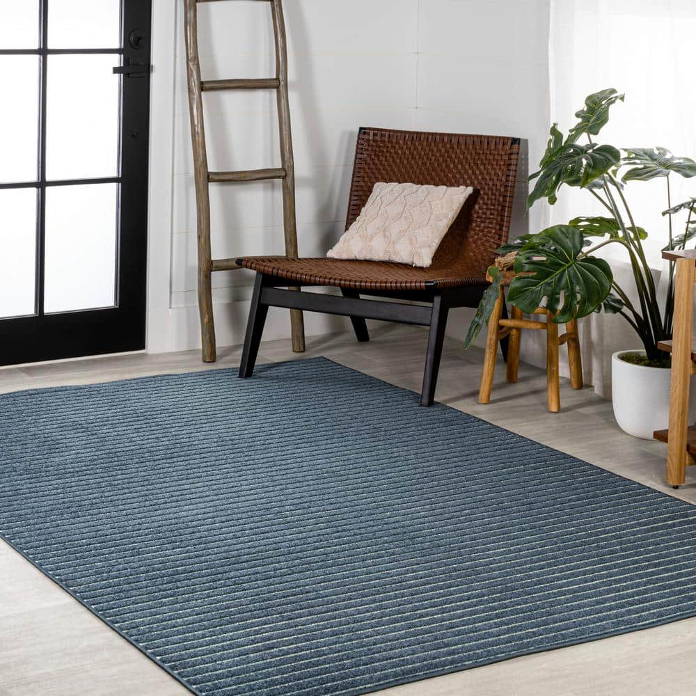 Navy and Ivory Striped Synthetic Rectangular 5'3" x 7'7" Area Rug