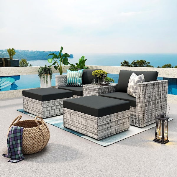 AUTMOON 5-Piece Wicker Patio Sectional Conversation Set with Gray Cushions, Pillows, and Furniture Protection Cover