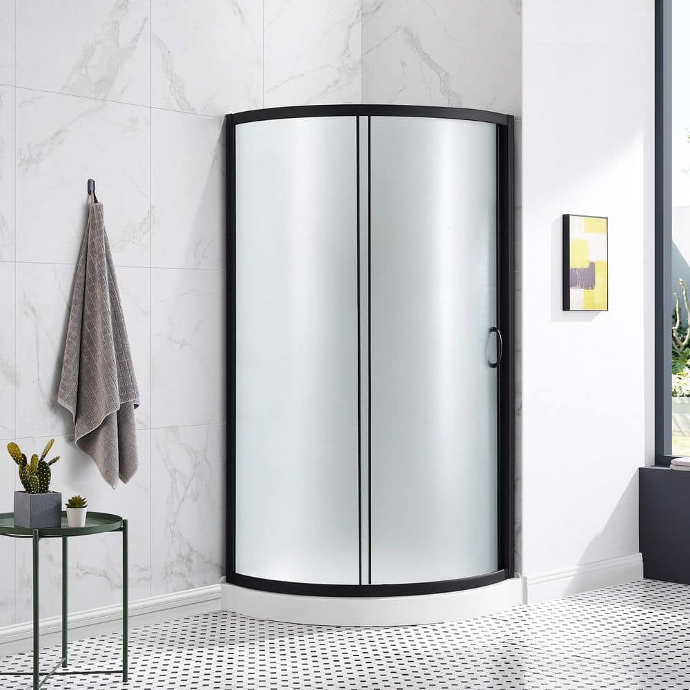 OVE Decors Breeze 34in. L x 34 in. W x 76.97 in. H Corner Shower Kit with Frosted Framed Sliding Door in Black and Shower Pan -  15SKC-BREF34-BL