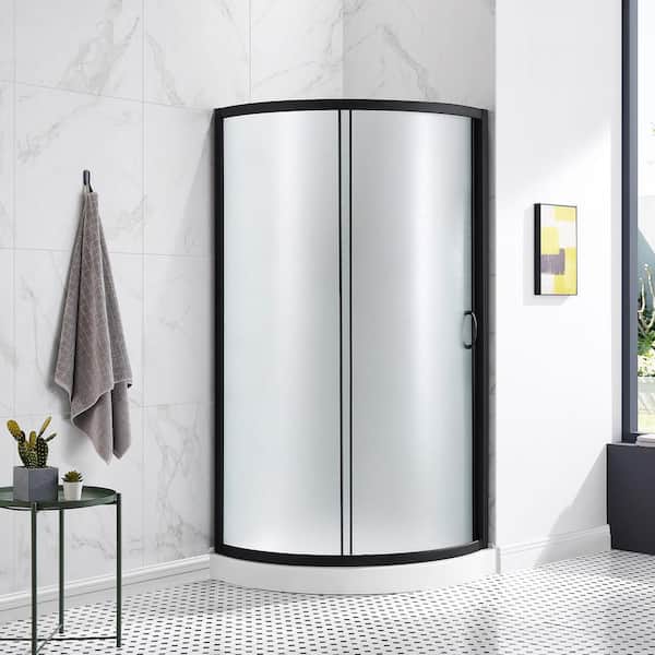OVE Decors Breeze 34 in. L x 34 in. W x 77 in. H Corner Shower Kit with Frosted Framed Sliding Door in Black and Shower Pan