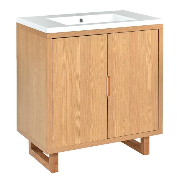 HBEZON 29.5 in. W x 18.1 in. D x 35.1 in. H Freestanding Bath Vanity in Brown with White Resin Top
