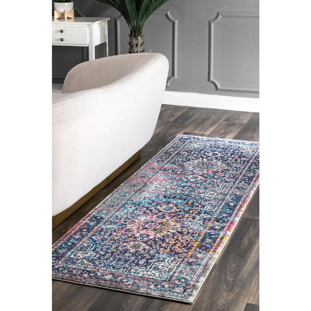 Vintage Floral Medallion 2'x6' Blue Synthetic Runner Rug