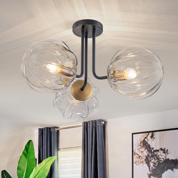 Dvorakova 20.1 in. 3-Light Black and Gold Modern Sputnik Semi-Flush Mount Ceiling Light with Textured Globe Glass Shades