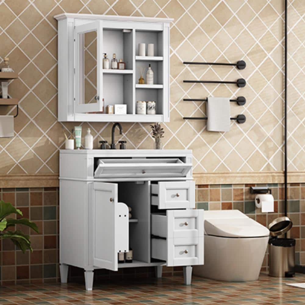 30 in.Single Sink White Freestanding Bath Vanity with Ceramic Top,2 Doors&3 Drawers With Mirror Cabinet price history on PriceWatchPro