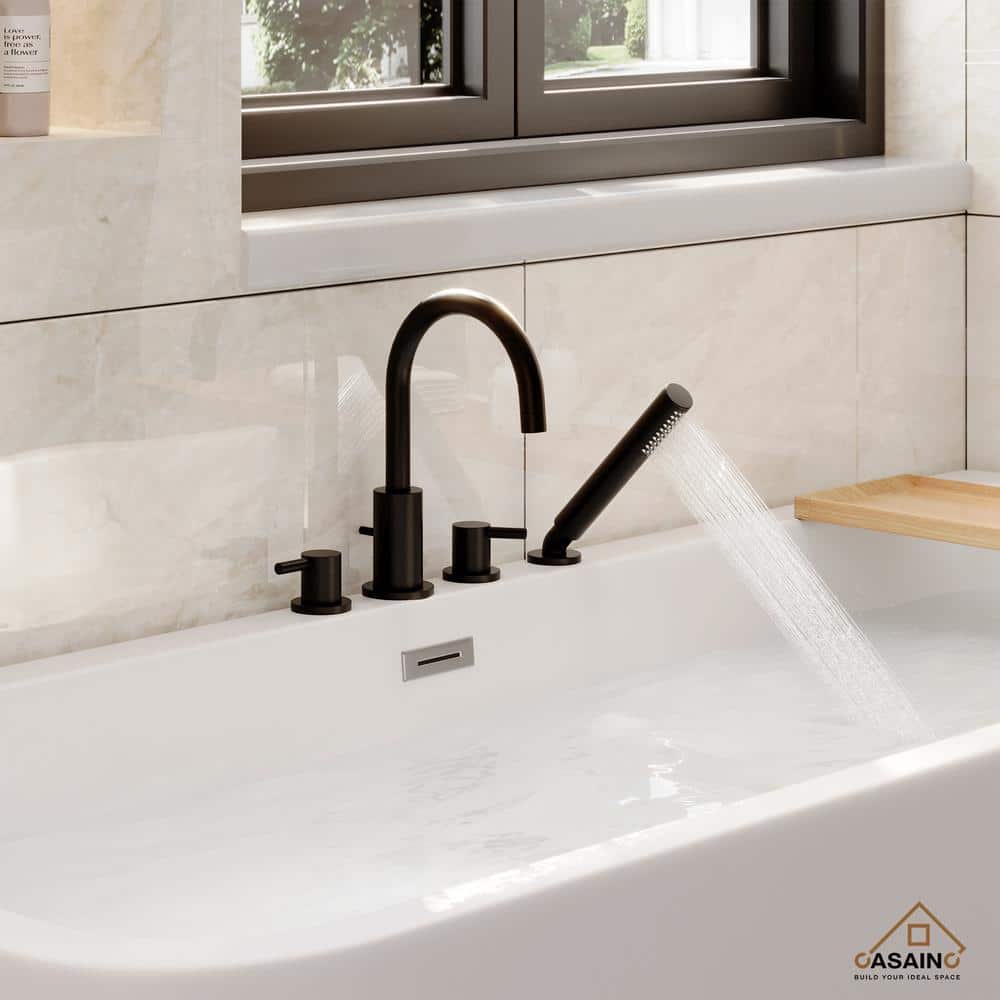 Matte Black Double Handle Deck-Mount Tub Faucet with Hand Shower