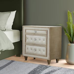Ivory and Light Brown 3-Drawers Modern Nightstand with Velvet Tufted (17.75 in. D x 25.75 in. W x 29.75 in. H)