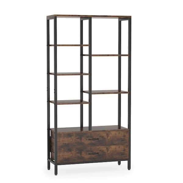 BYBLIGHT Eulas 67 in. Tall Black and Brown Wood 5-Shelf Modern Etagere Bookcase Open Storage Space, 2-Drawer and Display Rack