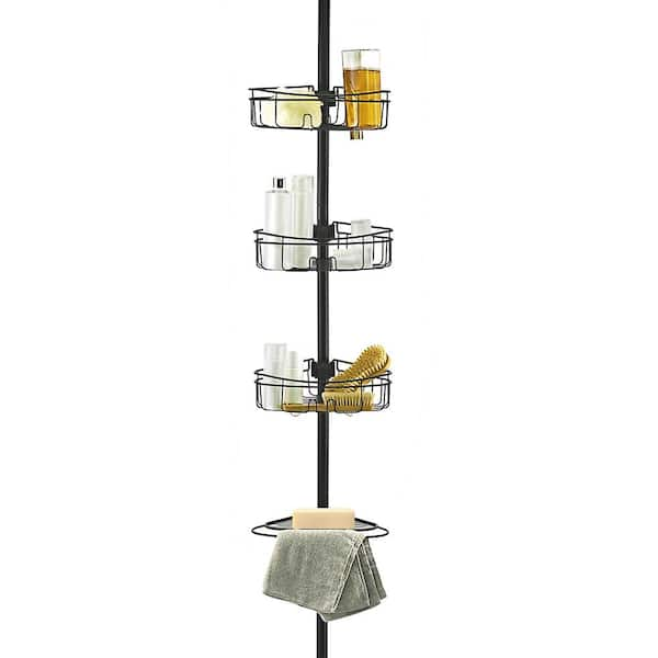 4 Tier Tension Pole Corner Shower Caddy with 3 Baskets and Soap Tray Shelf, 96 in. in Matte Black