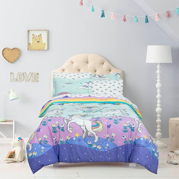 KIDZ MIX Magical Unicorn 7-Piece Light Blue Super Soft Brushed Microfiber Full Bed in a Bag Set