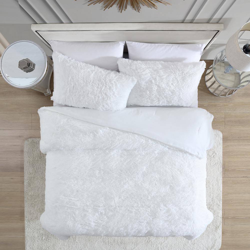 White Faux Fur Full Comforter Set with Reversible Shams