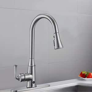 Single Handle Touchless Pull Down Sprayer Kitchen Faucet with Deckplate Included and Motion Sensor in Brushed Nickel