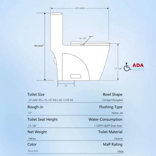 Rose Pink Ceramic Dual Flush Elongated One-Piece Toilet