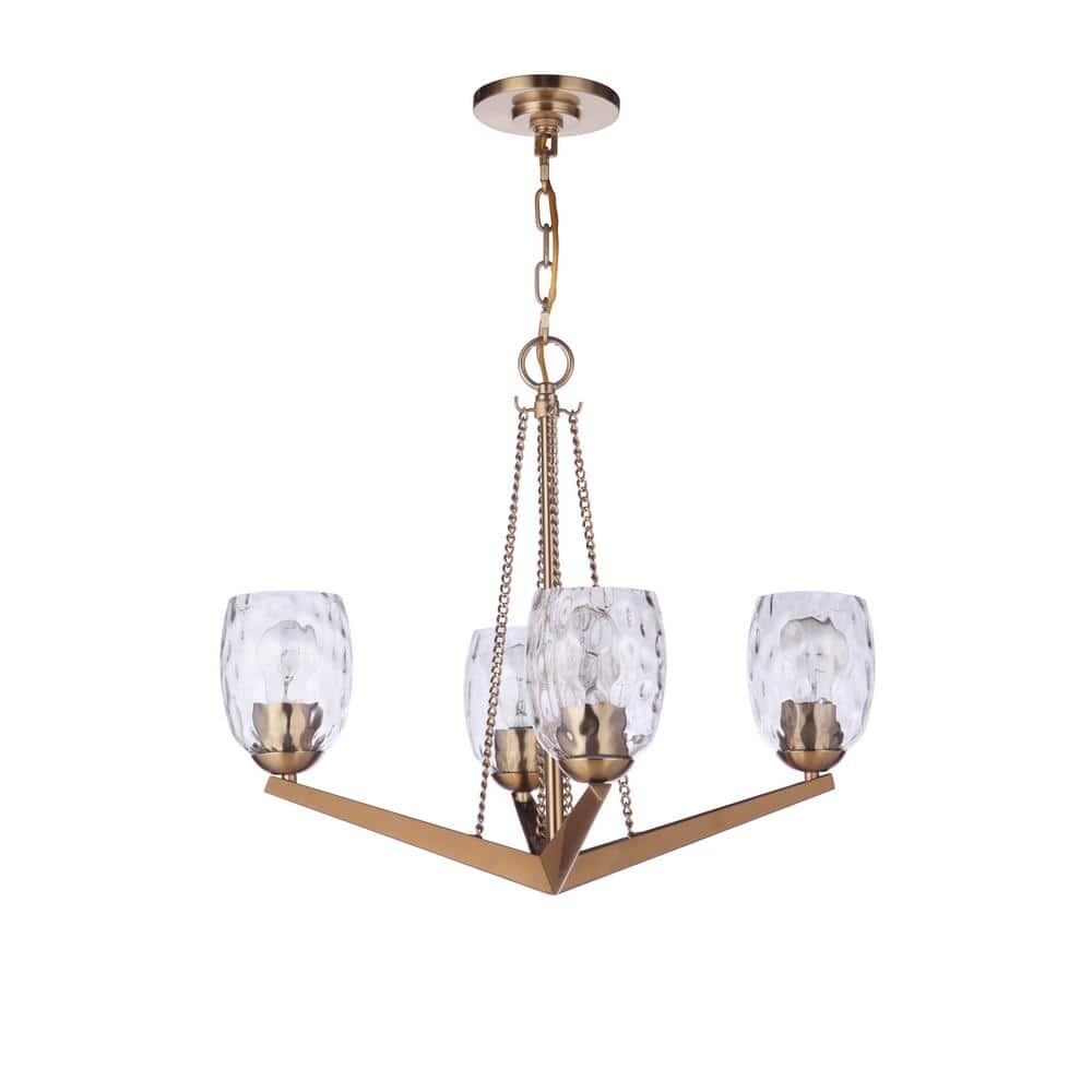 Satin Brass and Crystal 4-Light Chandelier with Water Glass Shades