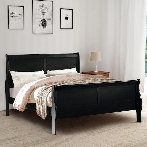 Black Elegant Queen Size Sleigh Bed, Black King Size Sleigh Bed Frame