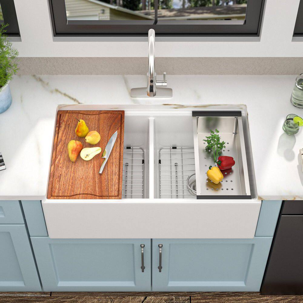 33 in. Apron-Front Double Bowl White Ceramic Farmhouse Workstation Kitchen Sink with Bottom Grids and Strainer price history on PriceWatchPro