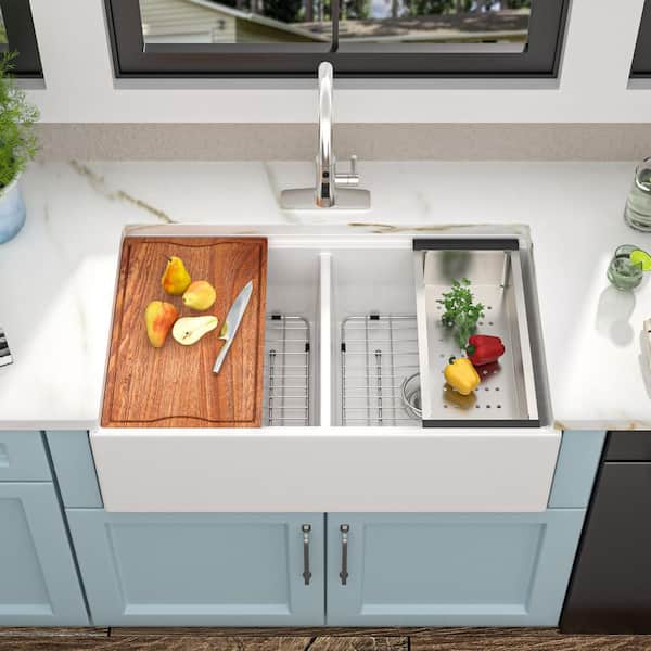 LORDEAR 33 in. Apron-Front Double Bowl White Ceramic Farmhouse Workstation Kitchen Sink with Bottom Grids and Strainer