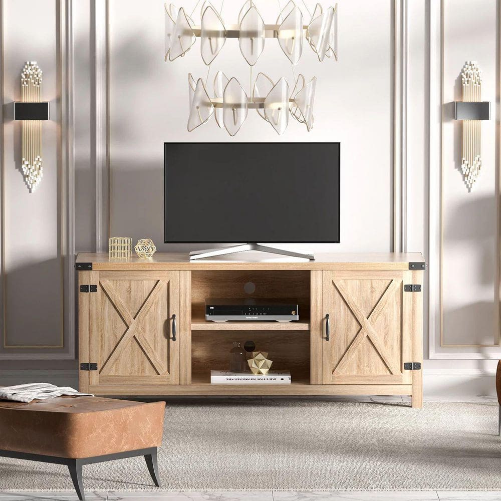 58 in. Farmhouse Rustic Wood TV Stand Fits TV's up to 65 in. with Cabinets and Adjustable Shelves