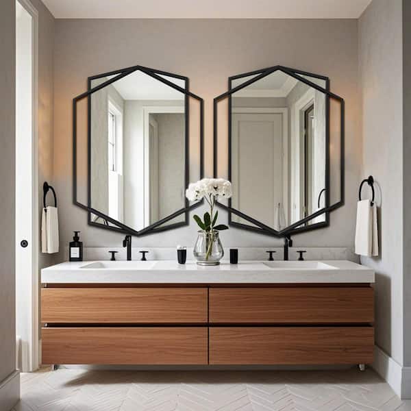 30 in. W x 40 in. H Modern Rectangular Polygonal Black Metal Frame Art Decorative Mirror Vanity Mirror Wall Mirror