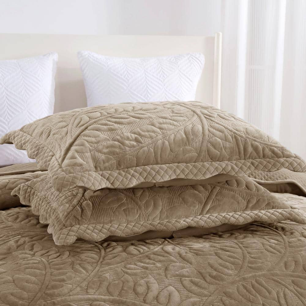 Camel King Size Velvet Quilt Set with Embroidered Leaf Design