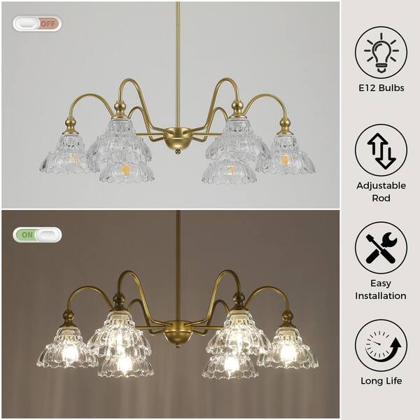 JUSHENG 6-Light Gold Metal Chandelier with Scalloped Clear Glass