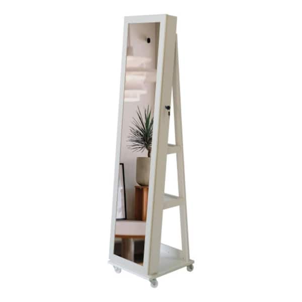 Unbranded Modern White Full-Length Mirror 360° Swivel Jewelry Box with 4-Wheel, LED Light, Luxurious Interior, Storage, Locked
