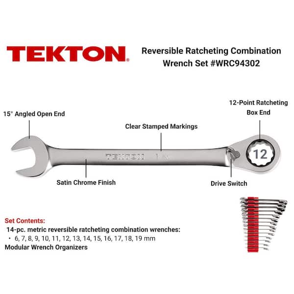 14-Piece (6-19 mm) Reversible 12-Point Ratcheting Combination Wrench Set with Modular Slotted Organizer