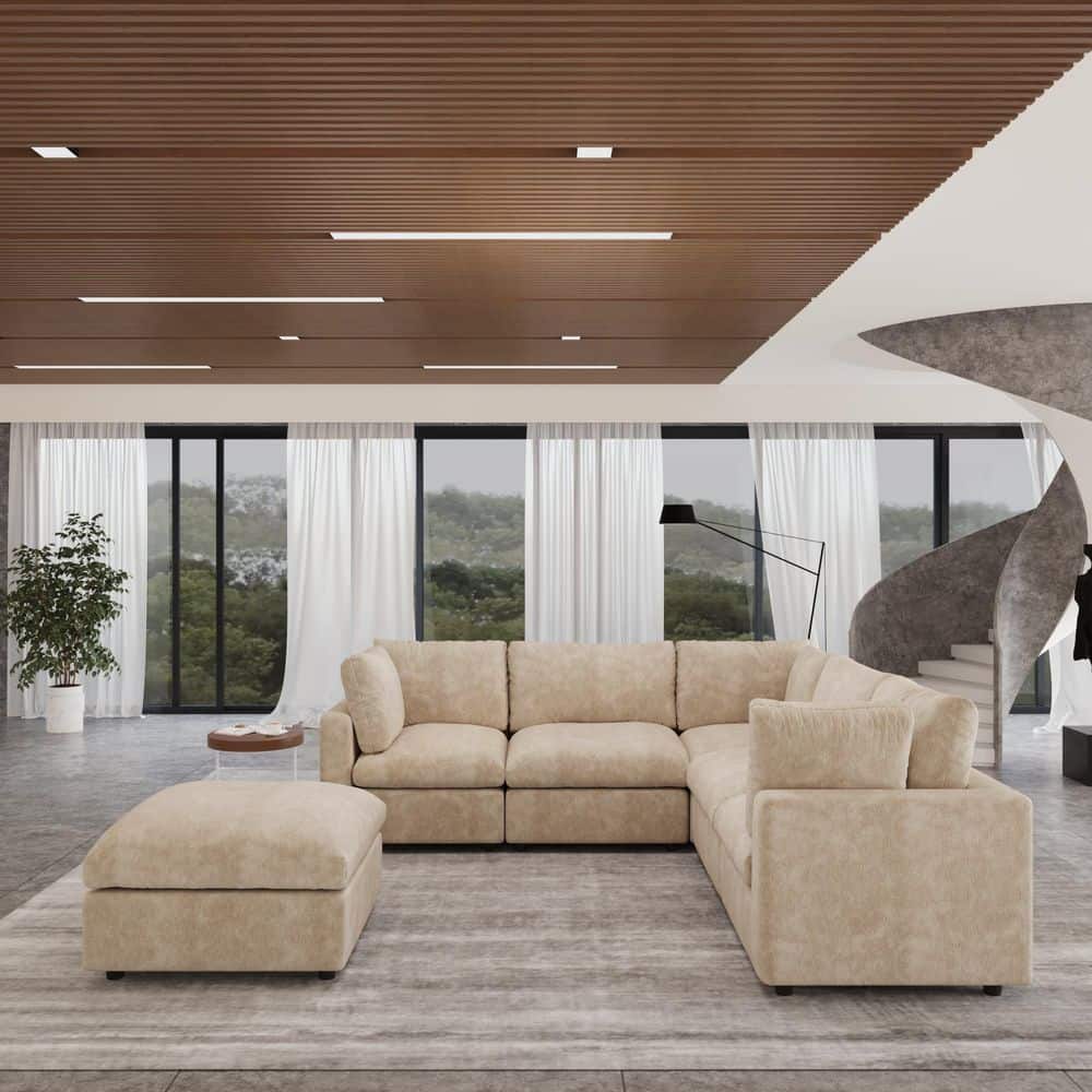 100.5 in. Chenille 5-Seater Loveseat Modular Free Combination Sectional Couch with Ottoman in Khaki price history on PriceWatchPro