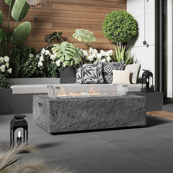 48 in. Black Terrazzo Outdoor Patio 5,0000 BTU Rectangle Propane Gas Fire Pit table with Glass Wind Guard