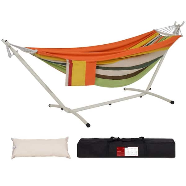 AURA OUTDOOR 9 ft. 2 Person Heavy Duty Outdoor Hammock with Durable Steel Stand, Rope Bracket, Carring Bag, Orange Green