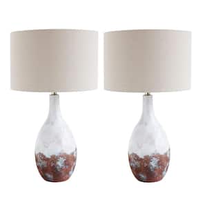 28 in. Bronze and White Ceramic Table Lamp with Linen Shade (Set of 2 Lamps)