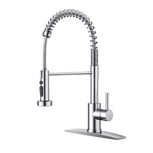 Single-Handle Pull Down Sprayer Coil Spring Gooseneck Kitchen Faucet with Deckplate High-Arc Sink Faucet in Chrome