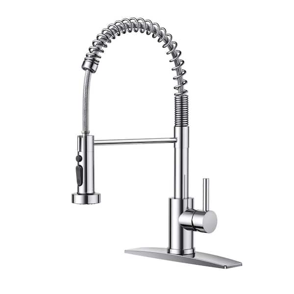 androme Single-Handle Pull Down Sprayer Coil Spring Gooseneck Kitchen Faucet with Deckplate High-Arc Sink Faucet in Chrome
