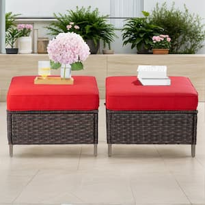Wicker Outdoor Patio Ottoman with Red Cushions (Set of 2)
