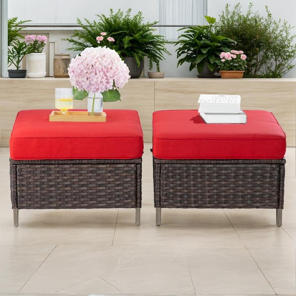 Gardenbee Wicker Outdoor Patio Ottoman with Red Cushions (Set of 2)