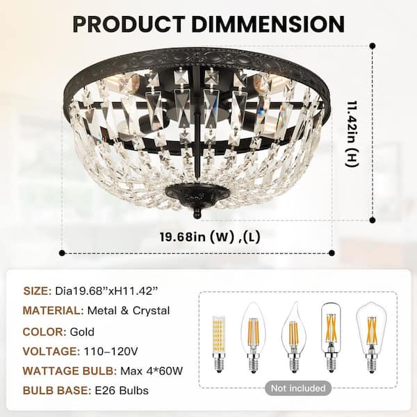 ARISKEEN 20 in. 4-Light Antique Black Flush Mount Crystal Strands
