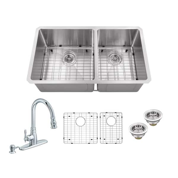 Schon All-in-One Undermount 16-Gauge Stainless Steel 32 in. 0-Hole 60/40 Double Bowl Radius Kitchen Sink with Pull Out Faucet